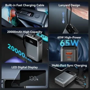 Фото: Батарея універсальна Vention 20000mAh 65W Black Built-in USB-C (FHYB0) № 7 | KTC