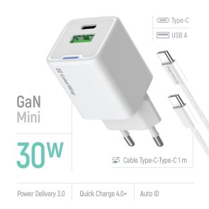  Зарядний пристрій ColorWay GaN Mini 30W White with Type-C / Type-C (CW-CHS053PDC-WT)