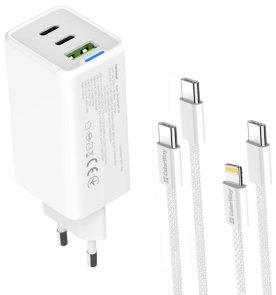 Зарядний пристрій ColorWay GaN Mini 65W White with Type-C / Type-C and Type-C / Lightning (CW-CHS058PDCL-WT)