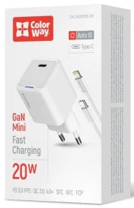 Фото: Зарядний пристрій ColorWay GaN Mini 20W White with Type-C/Lightning (CW-CHS059PDL-WT) № 7 | KTC