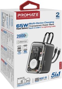Акумулятор електричний 20000mAh із вбудованими розємами USB-C та Lightning Promate mavrix-20.black