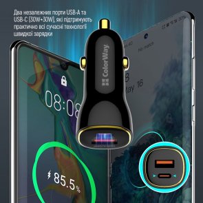 Автомобільний зарядний пристрій ColorWay 60W PD QC3.0 Black (CW-CHA046PD-BK)