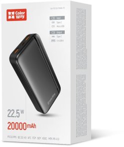Батарея універсальна ColorWay 20000mAh EnergyPlus 22.5W Black (CW-PB200LPB4BK-PD)