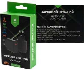 Мережевий зарядний пристрій Vinga GaN, 1xUSB, 1xType-C, QC, PD, GaN, 65W, Black