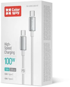 Кабель ColorWay CBPDCC099 100W 5A Type-C / Type-C 2m White (CW-CBPDCC099-WT)