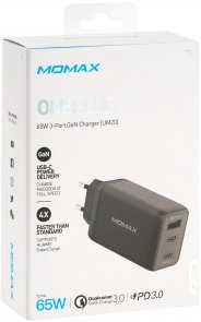 Зарядний пристрій Momax UM20 Gan One Plug 65W 2xPD QC 3.0 1xUSB Black (UM20EUD)