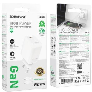 Зарядний пристрій BOROFONE BN26 Fuente 20W White with Type-C/Type-C (6941991120251)