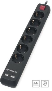 Мережевий фільтр Real-EL RS-6 Protect 2xUSB 6/3m Black (EL122300017)