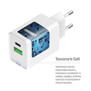  Зарядний пристрій ColorWay GaN Mini 30W White with Type-C / Type-C (CW-CHS053PDC-WT)