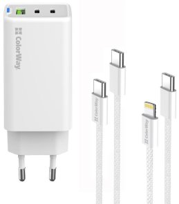 Зарядний пристрій ColorWay GaN Mini 65W White with Type-C / Type-C and Type-C / Lightning (CW-CHS058PDCL-WT)