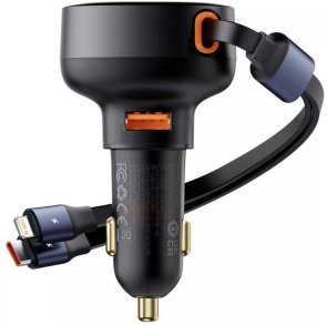 Автозарядка Baseus Enjoyment Pro Car Charger USB + Retractable C & iP Cable 60W black