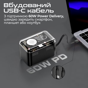 Акумулятор електричний 20000mAh із вбудованими розємами USB-C та Lightning Promate mavrix-20.black