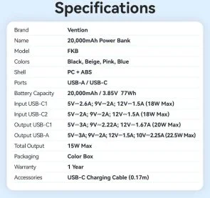 Фото: Батарея універсальна Vention FKBB0-C 20000mAh 22.5W with Built-in USB-C Cable Black № 17 | KTC