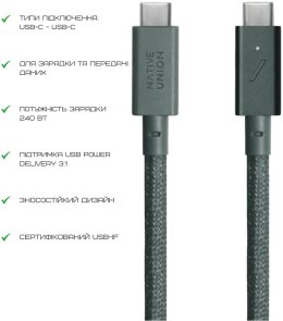 Кабель Native Union Belt Pro 240W Type-C / Type-C 2.4m Slate Green (BELT-PRO2-GRN-NP)