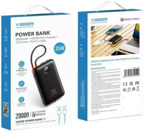 Батарея універсальна Veger K2 20000mAh 35W Built-in Cables Lightning / Type-C Black (6977525750120)