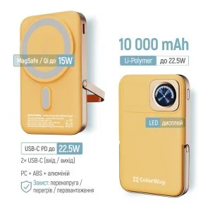 Фото: Батарея універсальна ColorWay 10000mAh 22.5W MagSafe/Watch Wireless 15W Amber (CW-PB100LPA2Y-WPDD) № 7 | KTC