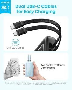 Фото: Батарея універсальна Anker 20000mAh 45W 2xBuilt-In USB-C Cable Black (A1681H12) № 2 | KTC