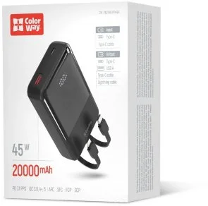 Фото: Батарея універсальна ColorWay DigiPower 20000mAh 45W Built-in Cable Type-C/Lightning (CW-PB200LP04BK) № 5 | KTC