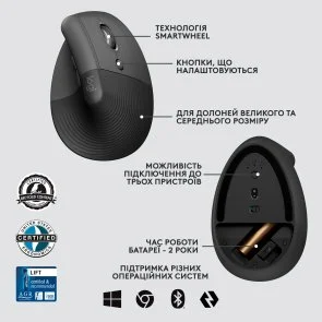Фото: Миша Logitech Lift Vertical Ergonomic Graphite OEM (910-006494) № 7 | KTC