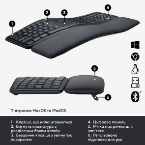 Фото: Клавіатура Logitech Ergo K860 Wireless Us/Ukr Graphite OEM (920-010352) № 7 | KTC