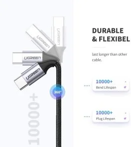 Фото: Кабель UGREEN US261 Round Cable Nickel Plating Aluminum 60W 3A Type-C / Type-C 0.5m Black/Gray (US261/50149) № 7 | KTC