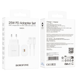 Зарядний пристрій BOROFONE BA82A Platinum 25W White with Type-C/Type-C (6941991112270)