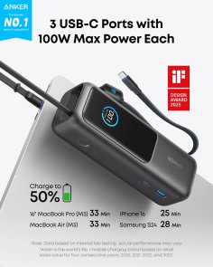 Батарея універсальна Anker 25000mAh 165W Built-In Double USB-C Cables Black (A1695H11)