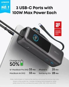 Фото: Батарея універсальна Anker 25000mAh 165W Built-In Double USB-C Cables Black (A1695H11) № 2 | KTC