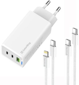 Зарядний пристрій ColorWay GaN Mini 65W White with Type-C / Type-C and Type-C / Lightning (CW-CHS058PDCL-WT)