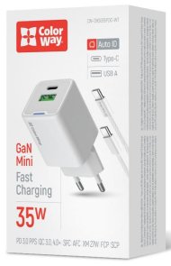Зарядний пристрій ColorWay GaN Mini QC PD 35W White with Type-C / Type-C (CW-CHS055PDC-WT)