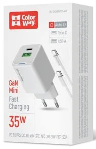 Фото: Зарядний пристрій ColorWay GaN Mini QC PD 35W White with Type-C / Type-C (CW-CHS055PDC-WT) № 6 | KTC