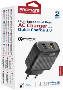 Зарядний пристрій Promate BiPlug-QC3 Black (biplug-qc3.eu-bk)