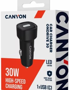 Автозарядка Canyon OnDrive 30, 1xType-C, PD, 30W, Black