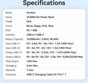 Батарея універсальна Vention FKAN0-C 10000mAh 22.5W with Built-in USB-C Cable