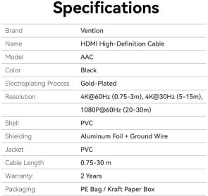Кабель HDMI to HDMI 20m, Vention, v2.0, PVC, Black