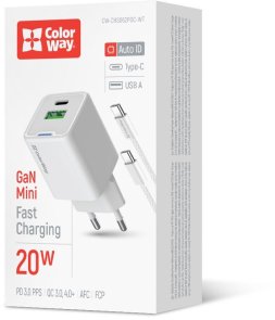 Зарядний пристрій ColorWay GaN Mini 20W White with Type-C/Type-C (CW-CHS062PDC-WT)