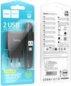 Зарядний пристрій Hoco C141A Black with AM/MicroUSB (6942007627887)