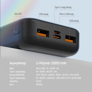 Батарея універсальна ColorWay 20000mAh EnergyPlus 22.5W Black (CW-PB200LPB4BK-PD)