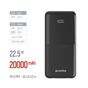 Фото: Батарея універсальна ColorWay DigiPower 20000mAh 22.5W Built-in Cable Type-C/Lightning (CW-PB200LP01BK) № 5 | KTC
