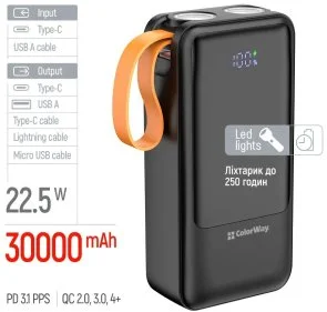 Фото: Батарея універсальна ColorWay PowerHub 30000mAh 22.5W Built-in Cable Type-C/USB-A/Lightning/Micro USB (CW-PB300LP07BK) № 7 | KTC