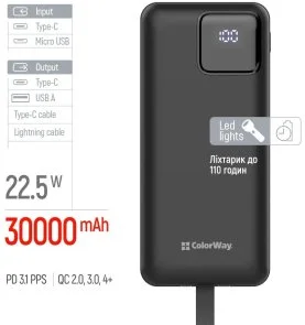 Фото: Батарея універсальна ColorWay EnergyHub 30000mAh 22.5W Built-in Cable Type-C/Lightning (CW-PB300LP05BK) № 6 | KTC