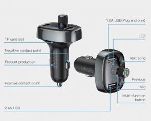 Автомобільний зарядний пристрій + FM-трансмітер Baseus T-Typed MP3 Car Charger S-09 Black (CCALL-TM01)