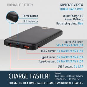 Батарея універсальна Riva VA2537 QC/PD 10000mAh Black