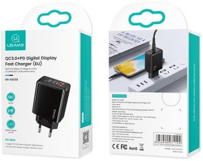  Зарядний пристрій Usams T40 QC3.0 PD Digital Display Fast Charger Black (CC133TC01)