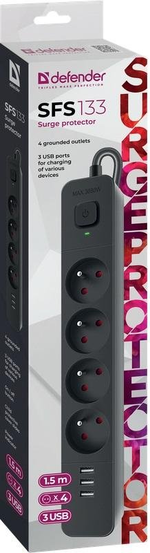 Мережевий фільтр Defender SFS 133 4/1.5m 3xUSB Black (99457)
