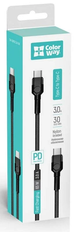 Фото: Кабель ColorWay PD Fast Charging 65W 3A Type-C / Type-C 0.3m Black (CW-CBPDCC054-BK) № 7 | KTC