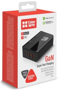 Зарядний пристрій ColorWay Power Delivery GaN PD QC4.0 100W Black (CW-CHS041PD-BK)