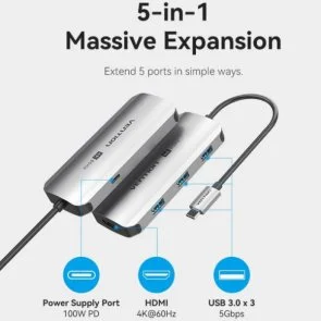 Фото: USB-хаб Vention 5in1 100W Silver (TQDHB) № 5 | KTC