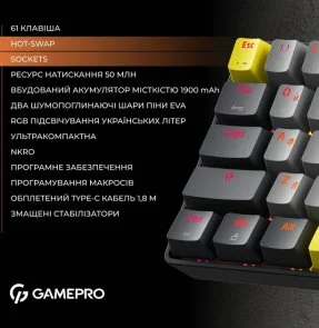 Фото: Клавіатура GamePro MK130G Pro Outemu Red Switch Hot-Swap RGB USB/WL/BT Black/Grey № 16 | KTC