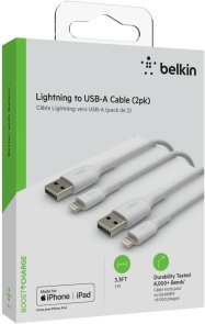 Кабель Belkin PVC 12W AM / Lightning 1m White 2 Pack (CAA001BT1MWH2PK)